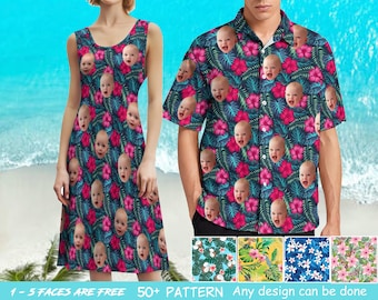 May include: A sleeveless dress and a short-sleeved shirt with a repeating pattern of baby faces, pink flowers, and green leaves on a dark blue background. The text at the bottom reads "1-5 FACES ARE FREE 50+ PATTERN Any design can be done".