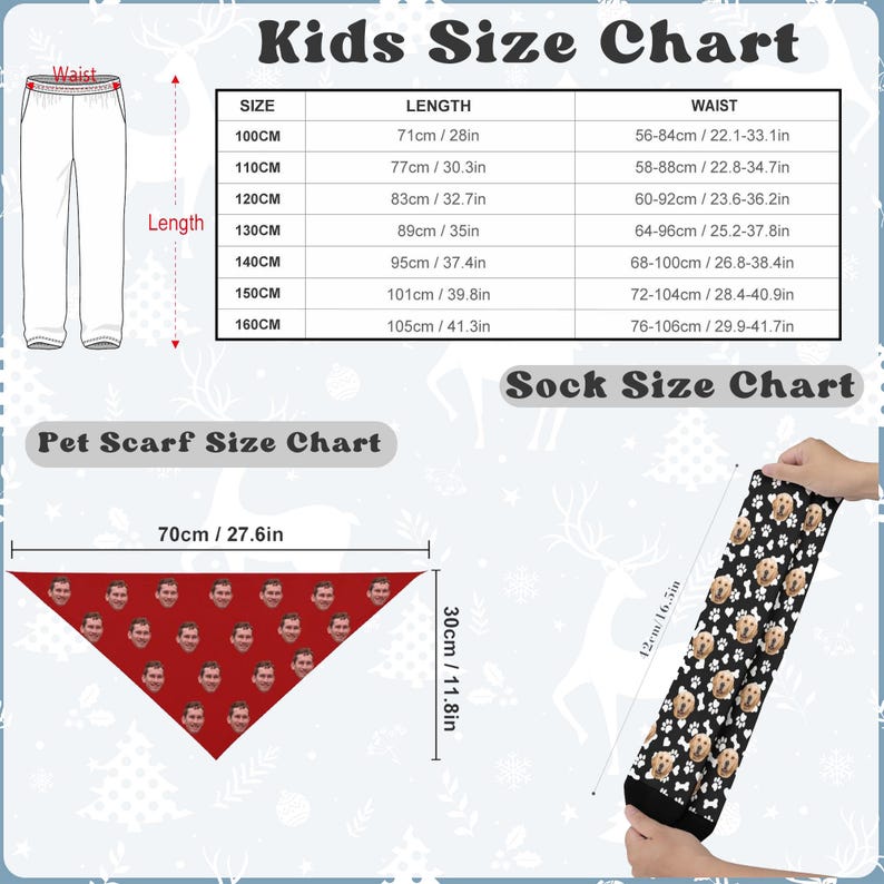 May include: Size charts for kids' trousers, pet scarves, and socks. The kids' chart includes sizes from 100cm to 160cm, with corresponding lengths and waist measurements in inches. The pet scarf is 70cm/27.6in long, and the socks are 12cm/16.5in.