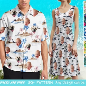 May include: White button-down shirt and sleeveless dress featuring a tropical print with baby faces, palm trees, and dogs. The shirt has short sleeves and a classic collar. The dress has a scoop neckline. Additional fabric patterns are shown.