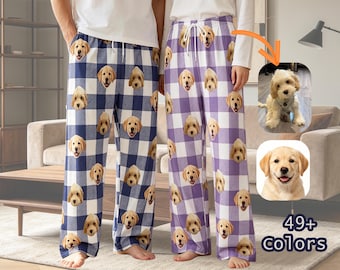 Custom Pet Face Plaid Pajama Pants, Personalized Dog Cat Photo Loungewear, PJS Pants for Pet Mom Dad, Christmas Birthday Sentimental Gift