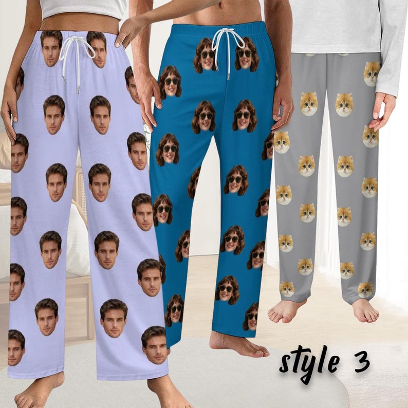 May include: Three pairs of pajama trousers with different patterns. One pair is light purple with repeated male faces, another is blue with repeated faces of a woman wearing sunglasses, and the third is grey with repeated cat faces. The text "style 3" is at the bottom.