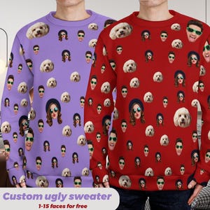 May include: Two custom ugly sweaters, one purple and one red, are displayed. Both sweaters feature a repeating pattern of faces and a dog's face. The text "Custom ugly sweater" and "1-15 faces for free" are at the bottom of the image.