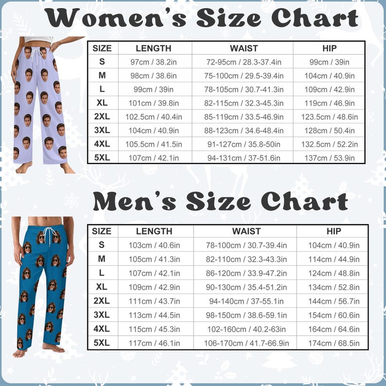 May include: Size charts for women's and men's trousers. The women's chart includes sizes S to 5XL, with measurements for length, waist, and hip in centimetres and inches. The men's chart also includes sizes S to 5XL, with measurements in centimetres and inches.