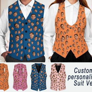Puede incluir: Un chaleco de traje azul y un chaleco de traje naranja, ambos con un patrón repetitivo de un rostro. Debajo, se muestran cuatro chalecos adicionales en naranja, rosa, azul y rosa claro con el texto Custom personalized Suit Vest.