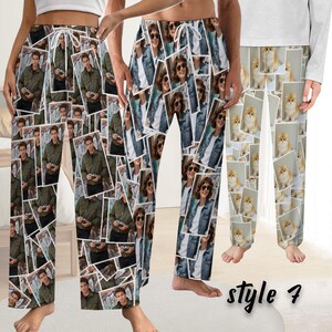 May include: Three pairs of pajama trousers with photo collages. One pair features a collage of a man in a green jacket, another has a collage of a woman in a denim jacket, and the third has a collage of kittens. The text "style 7" is at the bottom.