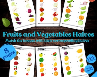 Fruits and Vegetables Halves Matching worksheets Toddler/Preschool/Kindergarten