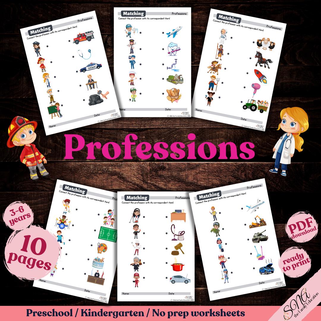 Professions Matching Activity: Community Helpers Preschool Kindergarten Worksheets (PDF Download)
