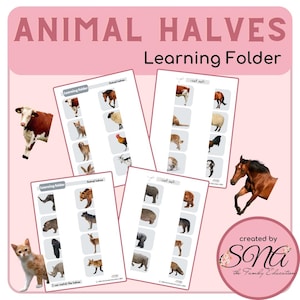 動物の半分、ファイルフォルダーゲーム、学習フォルダー、ビジークワイエットブック、ビジーバインダー、モンテッソーリマッチングアクティビティ、幼児、幼稚園