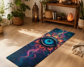 Op de afbeelding: Een rechthoekige yogamat met een donkerblauwe achtergrond en een centrale afbeelding van een groot, gedetailleerd blauw oog omringd door levendige oranje en rode bloembladpatronen, met vloeiende lichtsporen en de tekst Aura Yoga in het wit.