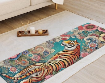 Suede Yoga Mat with Strap – Non Slip Eco Friendly Hot Yoga Mat, Japanese Tiger Floral Design