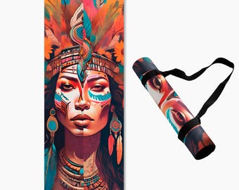 May include: A yoga mat with a colorful illustration of a woman wearing a headdress and traditional jewelry. The mat is rolled up and has a black strap.