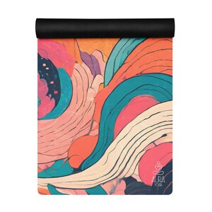 May include: A colorful yoga mat with an abstract design featuring swirls of pink, orange, blue, and yellow. The mat has the text "AURA YOGA" printed on the bottom right corner.