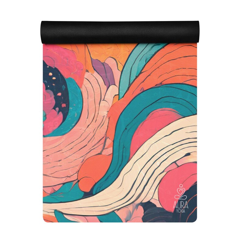 May include: A colorful yoga mat with an abstract design featuring swirls of pink, orange, blue, and yellow. The mat has the text "AURA YOGA" printed on the bottom right corner.