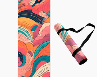 May include: A colorful yoga mat with a swirling abstract design in shades of pink, orange, blue, and yellow. The mat is rolled up and has a black carrying strap.