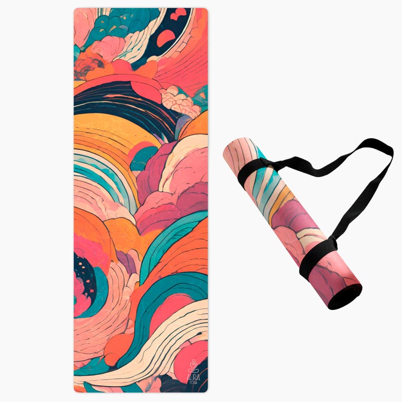 May include: A colorful yoga mat with a swirling abstract design in shades of pink, orange, blue, and yellow. The mat is rolled up and has a black carrying strap.