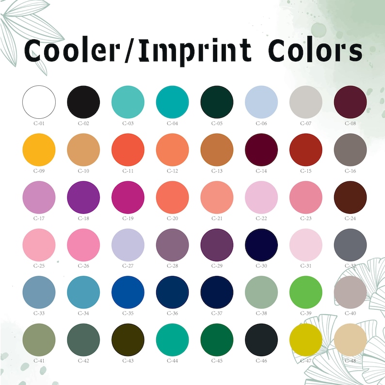 May include: A color chart with the text "Cooler/Imprint Colors" at the top. The chart displays 48 color swatches in a grid, each with a corresponding number. Colors range from white and black to various shades of blue, green, pink, and brown.