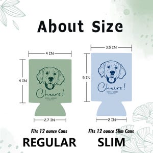 May include: Two can coolers, one green and one blue, with dog illustrations and the word "Cheers!". The green cooler is 4 inches by 4 inches, and the blue cooler is 5 inches by 3.5 inches. The text says they fit 12-ounce cans.