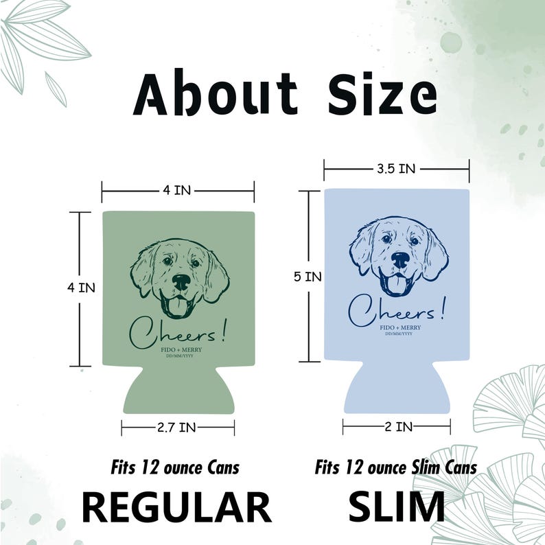 May include: Two can coolers, one green and one blue, with dog illustrations and the word "Cheers!". The green cooler is 4 inches by 4 inches, and the blue cooler is 5 inches by 3.5 inches. The text says they fit 12-ounce cans.