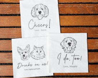 Custom Pet Portrait Cocktail Napkins, Wedding Party Decor, Hand-Drawn Pet Design