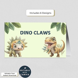 Etiquetas de comida para fiestas de dinosaurios: tarjetas de mesa editables, carpas de comida de T-Rex, decoración para fiestas, letreros de comida