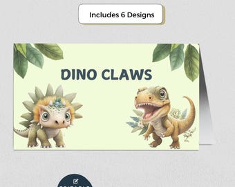 May include: Editable printable place cards featuring two cute cartoon dinosaurs with the text "Dino Claws" on a green background with leafy accents. The text is editable with Canva.