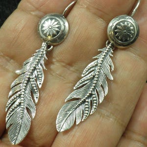 Intricate Feather Circle of Life Concho Hook Setting Solid .925 Sterling Silver Dangle Earrings Statement 2 1/8&quot; long overall