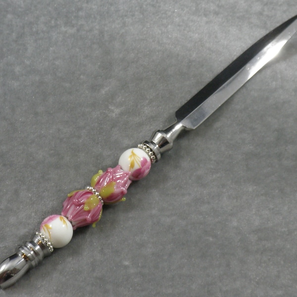 Decorative Elegant Pink Flower Lampwork Glass White with painted flowers Porcelain Beaded Letter Opener Chrome Plated Steel