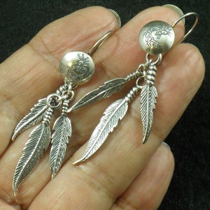 Intricate Triple Three Feather Kokopelli Concho Hook Setting Solid .925 Sterling Silver Dangle Statement Earrings 2 1/4&quot; long overall