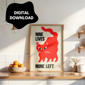 Neun Leben, keins links, digitaler Download Fettes abstraktes Katzenbild, kantiges modernes Poster für Katzenliebhaber, Retro Ästhetik, Wohnkultur Geschenkidee