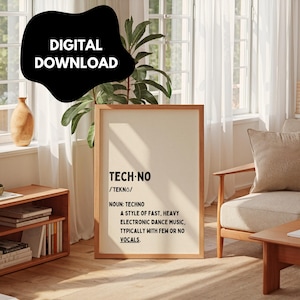 Techno Definition Wall Art Digital Download Print, Modern Electronic Music Decor | Minimalist Definition of Techno for Home or Studio