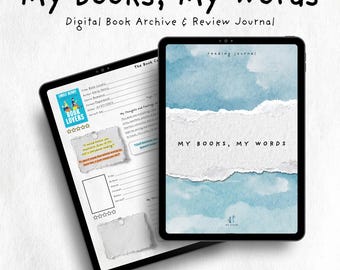 May include: Two black tablets displaying a digital book archive and review journal. One tablet shows a book review template with the text "Book Lovers". The other tablet displays a blue watercolor design with the text "My Books, My Words".