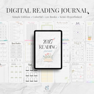 May include: A digital reading journal displayed on a tablet screen, featuring the text 2027 READING journal with a floral graphic. The background shows a grid of various reading tracker pages, including book bingo, genre trackers, and book lists.