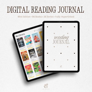Może przedstawiać: Dwa czarne tablety wyświetlające cyfrowy dziennik czytelnika. Jeden tablet pokazuje bibliotekę okładek książek, a drugi wyświetla słowa "reading JOURNAL" z akcentami w kształcie serca. Tekst "DIGITAL READING JOURNAL" znajduje się na górze.