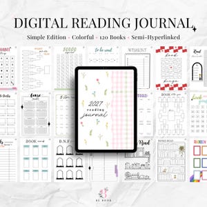 Pode incluir: Um diário de leitura digital exibido numa tela de tablet, com uma capa de motivos florais e um lado xadrez rosa. O fundo mostra várias páginas de planeamento, incluindo bingo de livros, rastreadores de género e registos de leitura.