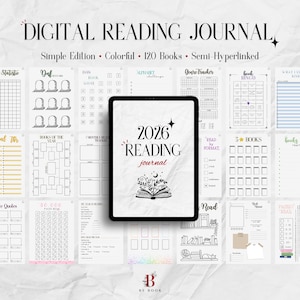 Può includere: Un diario di lettura digitale con un tablet nero che mostra "2026 Reading Journal" con illustrazioni floreali e celesti. Il diario include pagine per tenere traccia di libri, generi e obiettivi di lettura.