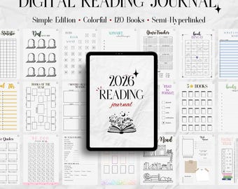 May include: A digital reading journal with a black tablet displaying "2026 Reading Journal" with floral and celestial illustrations. The journal includes pages for tracking books, genres, and reading goals. The background features various journal pages.