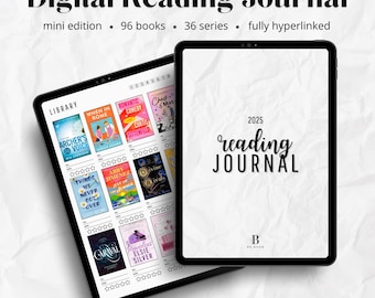 May include: Two black tablets displaying a digital reading journal. One tablet shows book covers and a library layout. The other tablet displays "2025 reading JOURNAL" in a handwritten font. The text "Digital Reading Journal" is at the top.