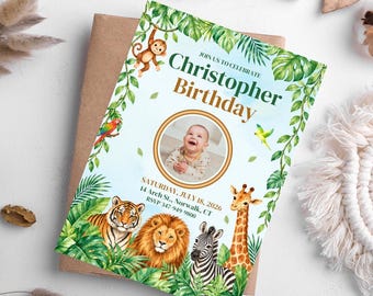 May include: A rectangular birthday invitation card featuring a jungle theme with watercolour illustrations of a monkey, tiger, lion, zebra, giraffe, and birds. The text reads JOIN US TO CELEBRATE CHRISTOPHER BIRTHDAY, SATURDAY, JULY 18, 2026, 14 Arch St., Norwalk, CT, RSVP 347-949-9800.