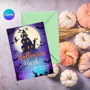 Editable Halloween Party Invitation, Haunted House Canva Template, Printable Halloween Bash Invite