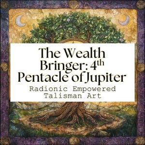 May include: A digital illustration of a tree with a large clock face at its base. The tree is surrounded by a purple and gold frame. The text "The Wealth Bringer: 4th Pentacle of Jupiter" is written in black text on a white background. Below the text is the phrase "Radioic Empowered Talisman Art" in smaller black text.