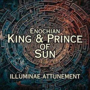 Puede incluir: Un patrón laberíntico circular en tonos azules, naranjas y negros sirve de fondo para el texto "ENOCHIAN KING & PRINCE OF SUN" en letras grandes de color crema, con "ILLUMINAE ATTUNEMENT" impreso en texto más pequeño en la parte inferior.