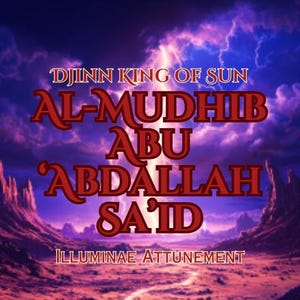 Puede incluir: Un gráfico digital que muestra un rayo brillante contra un cielo nublado de color púrpura y azul sobre un paisaje desértico. El texto dice: DJINN KING OF SUN AL-MUDHIB ABU ABDALLAH SA'ID ILLUMINAE ATTUNEMENT en letras rojas con borde oscuro.