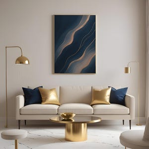 Arte murale astratta blu scuro e oro – Stampa su tela moderna di lusso per soggiorno o ufficio – Elegante dipinto blu navy e oro metallizzato