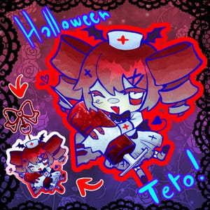 May include: A cartoon illustration featuring a character in a nurse's uniform with bat wings, a cross on the hat, and holding a syringe. The word "Halloween" is written in blue, and the word "Teto!" is also visible.