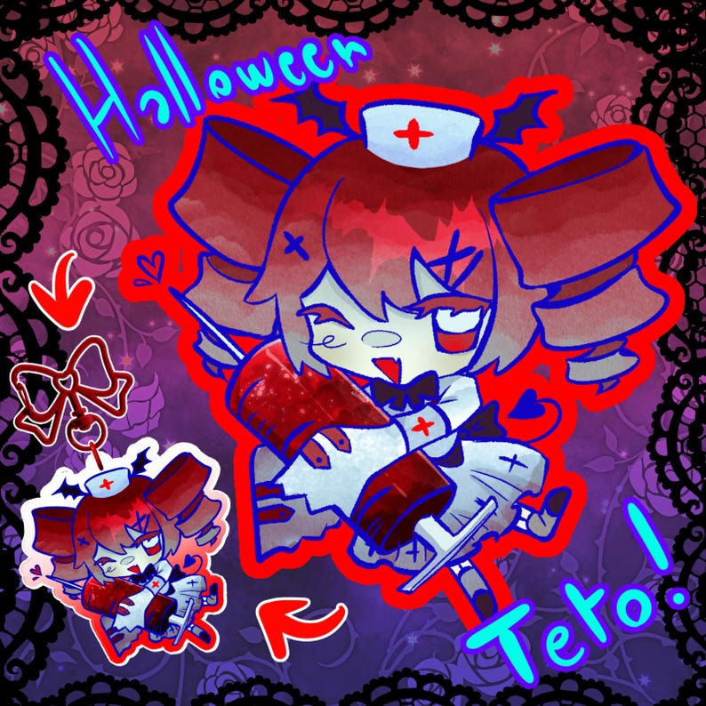 May include: A cartoon illustration featuring a character in a nurse's uniform with bat wings, a cross on the hat, and holding a syringe. The word "Halloween" is written in blue, and the word "Teto!" is also visible.