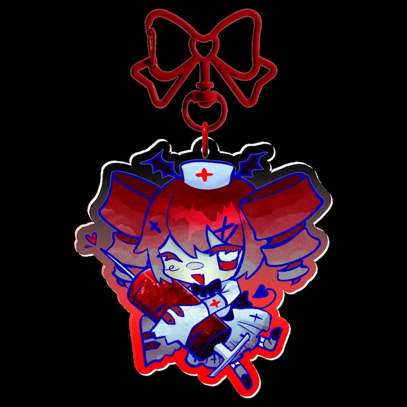 May include: A red and white cartoon nurse charm with a red bow-shaped clasp. The charm features a nurse with red hair, a white uniform, and a syringe. The charm has a red outline and a black background.