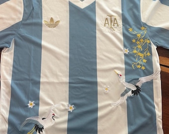 Custom Embroidered Argentina 50th Anniversary Jersey - Hand-Stitched Crane & Floral Kit - Luxury Streetwear Football Kit