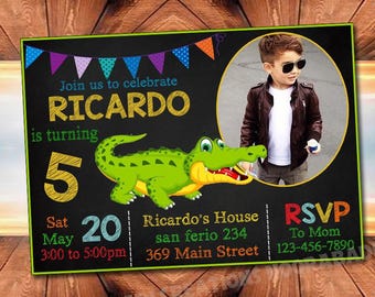 May include: A black invitation card with a green border, featuring a cartoon alligator and a photo of a child wearing sunglasses. The text reads "Join us to celebrate RICARDO is turning 5". Includes event details.