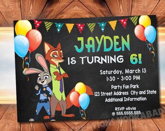 Invitación de cumpleaños del zoológico, fiesta infantil, Hopps y Nick (archivo digital)