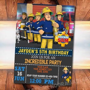 May include: A birthday party invitation featuring the characters from the children's TV show Fireman Sam. The invitation is for Jayden's 5th birthday party and includes the date, time, and RSVP information. The invitation is decorated with a red fire engine and a black and white dalmatian.